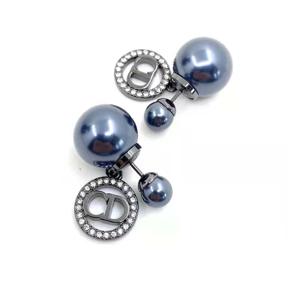 Dior Tribales Earrings Ruthenium-Finish Metal with Gray Resin Pearls and Black Crystals for Women