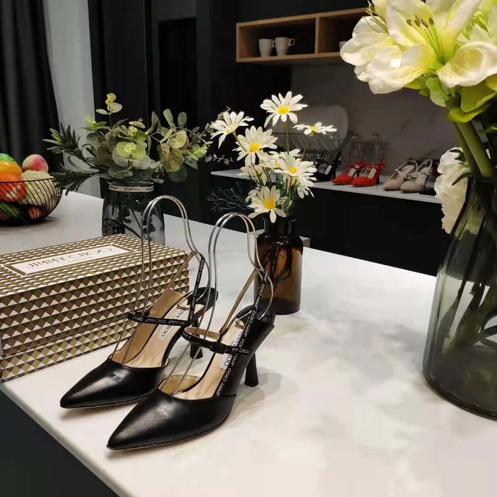 Jimmy Choo Ray 65 Black Nappa Leather Pointed Pumps with Logo for Women in Woven Ribbon