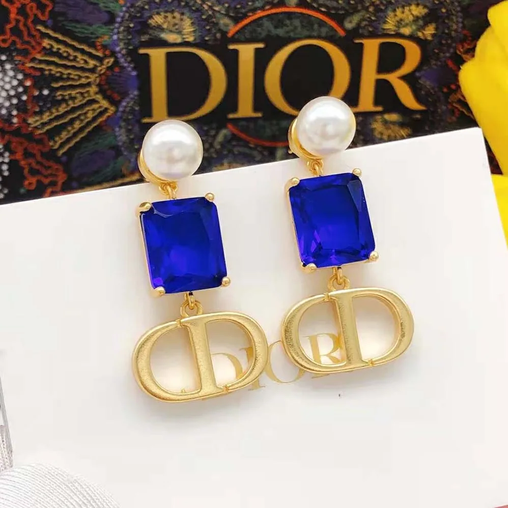 Dior Petit CD Earrings Gold-Finish Metal with White Resin Pearls and Fluorescent Blue Crystals for Women