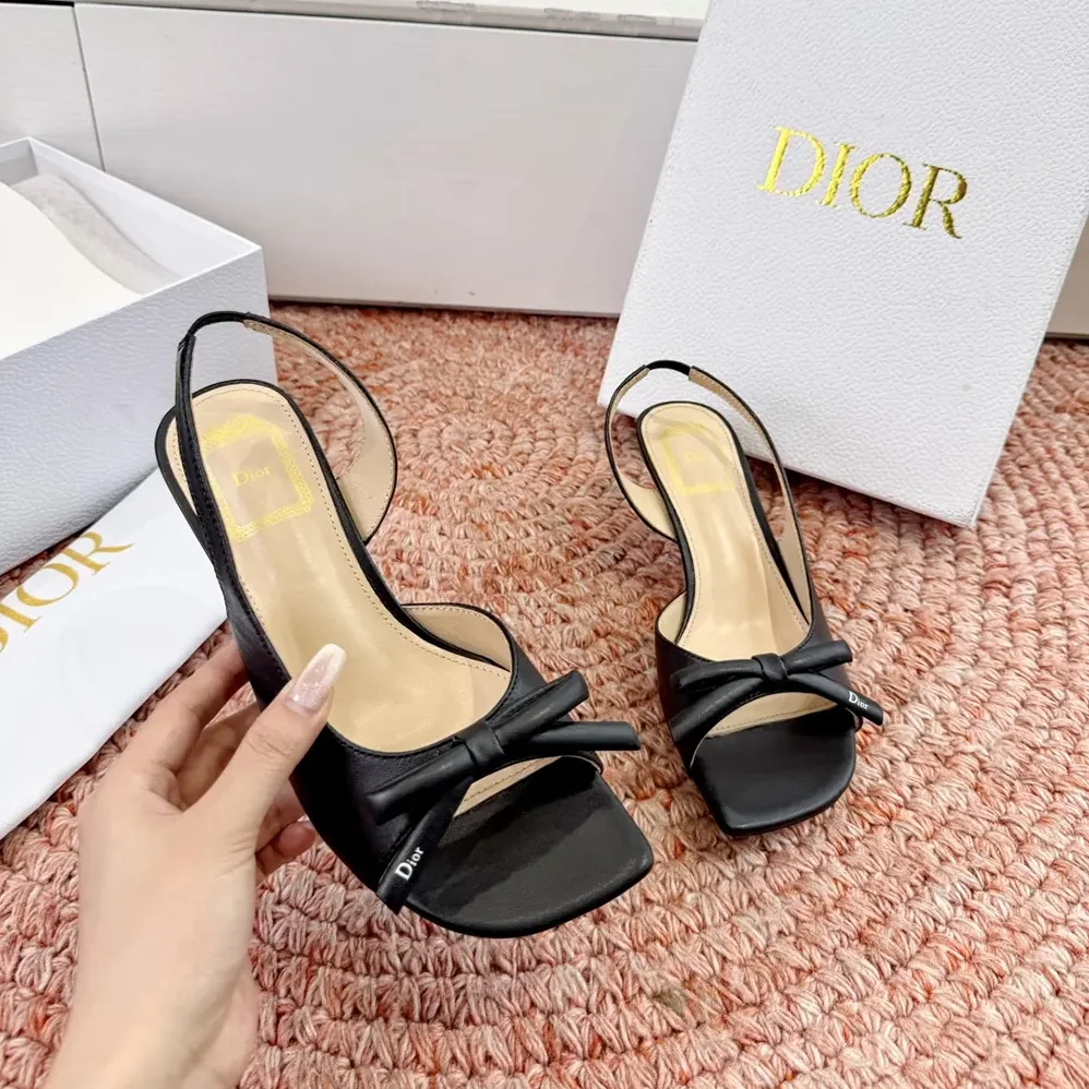 Dior Bow Heeled Slingback Sandal Black Lambskin for Women