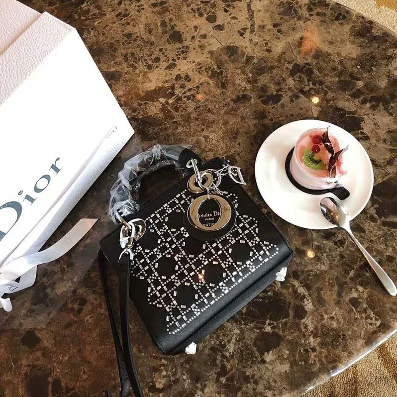 Dior Mini Lady Dior Bag in Black Cannage Satin with Rhinestones Dior Mini Lady Dior Bag in Black Cannage Satin with Rhinestones