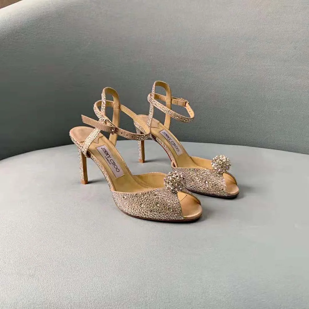 Jimmy Choo Sacora 100 Nude Suede Sandals with Hotfix Crystals and Sphere Detail for Women Jimmy Choo Sacora 100 Nude Suede Sandals with Hotfix Crystals and Sphere Detail for Women