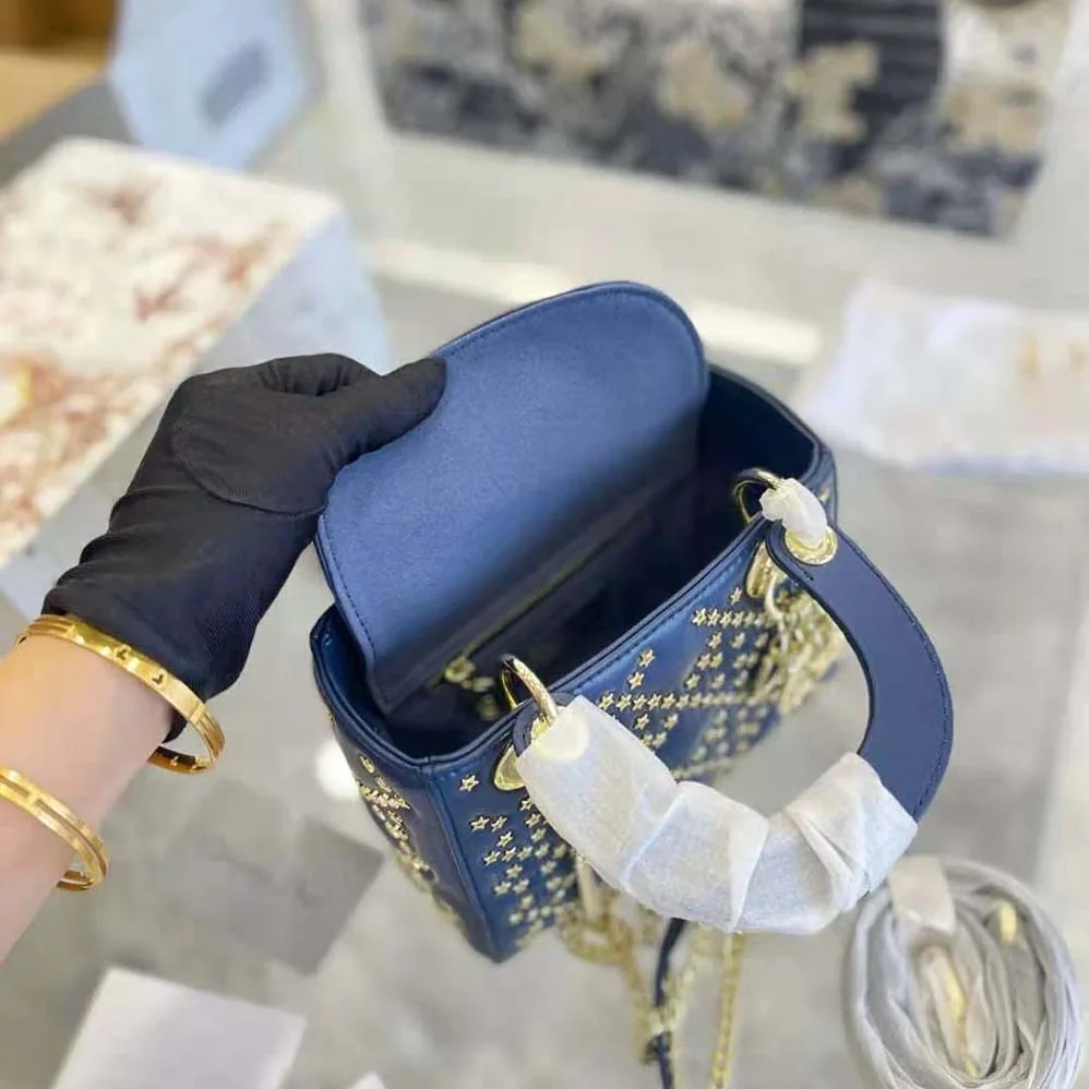 Dior Mini Lady Dior Bag Denim Blue Lucky Star Cannage Lambskin for Women