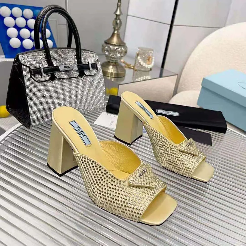 Prada High-Heeled Satin Slides with Crystals for Women in Yellow