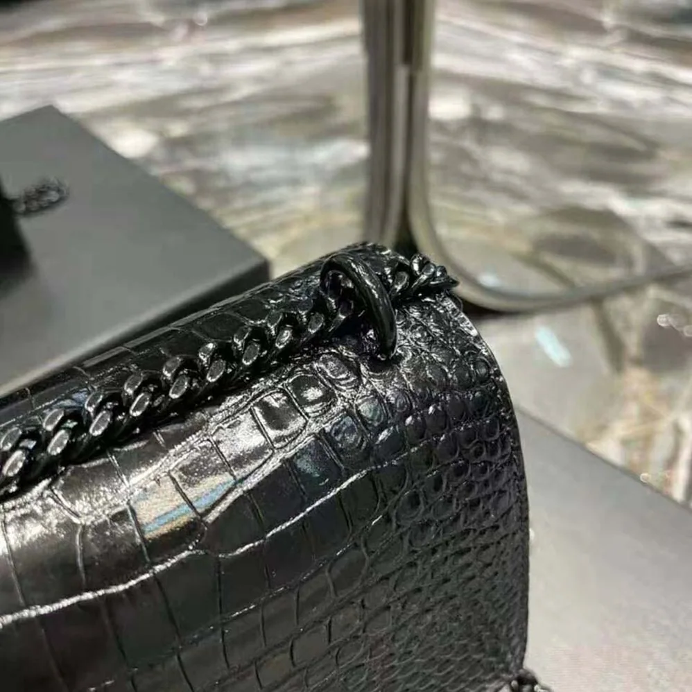 Saint Laurent YSL Sunset Medium in Crocodile Embossed Shiny Leather for Women in Black
