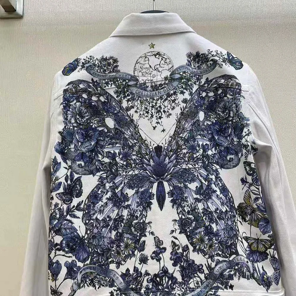 Dior Jacket Ecru Cotton Denim with Multicolor Butterfly Around the World Motif for Women Dior Jacket Ecru Cotton Denim with Multicolor Butterfly Around the World Motif for Women