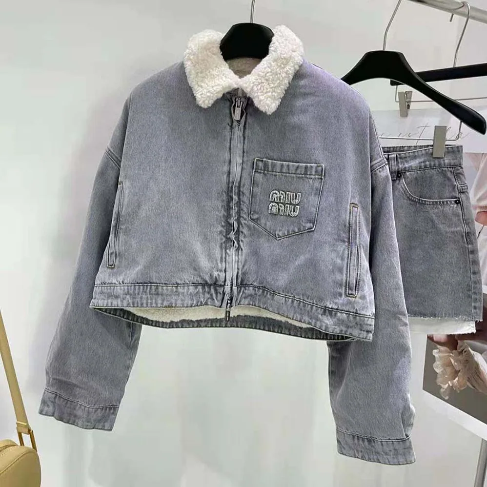 Miu Miu Embroidered Denim Blouson Jacket with Embroidered Logo for Women