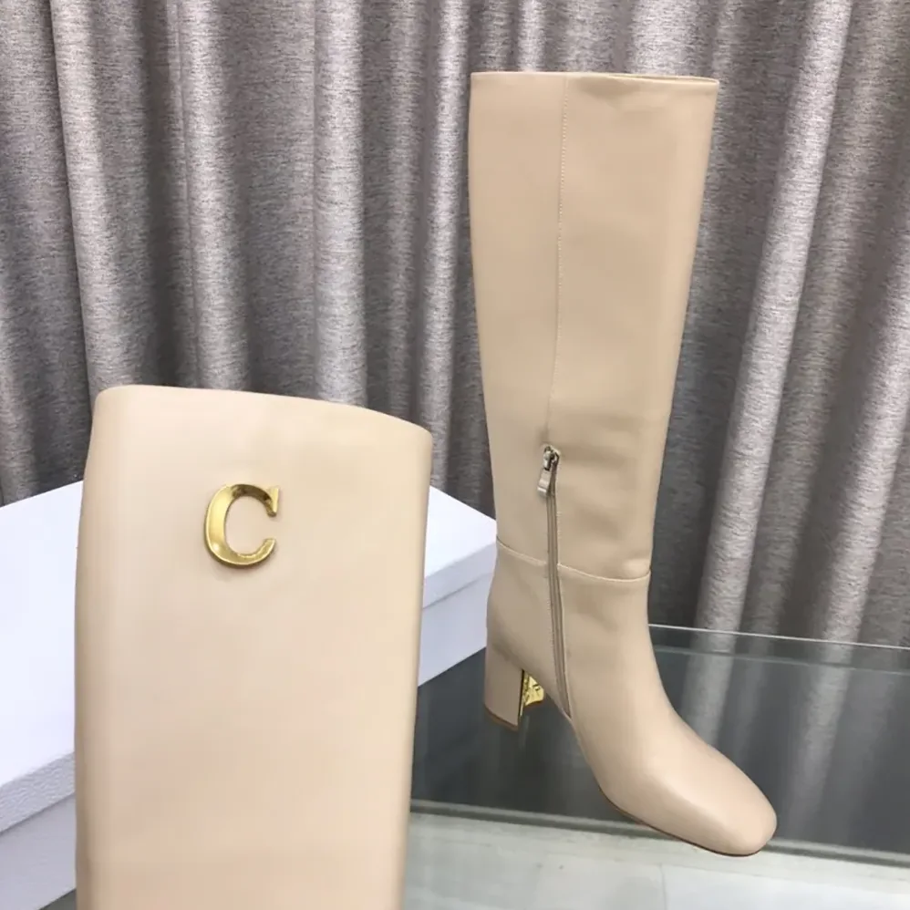 Dior Logo Knee-High Boot In Light Beige Calfskin with Gold for Women in Tone Accents Dior Logo Knee-High Boot In Light Beige Calfskin with Gold for Women in Tone Accents