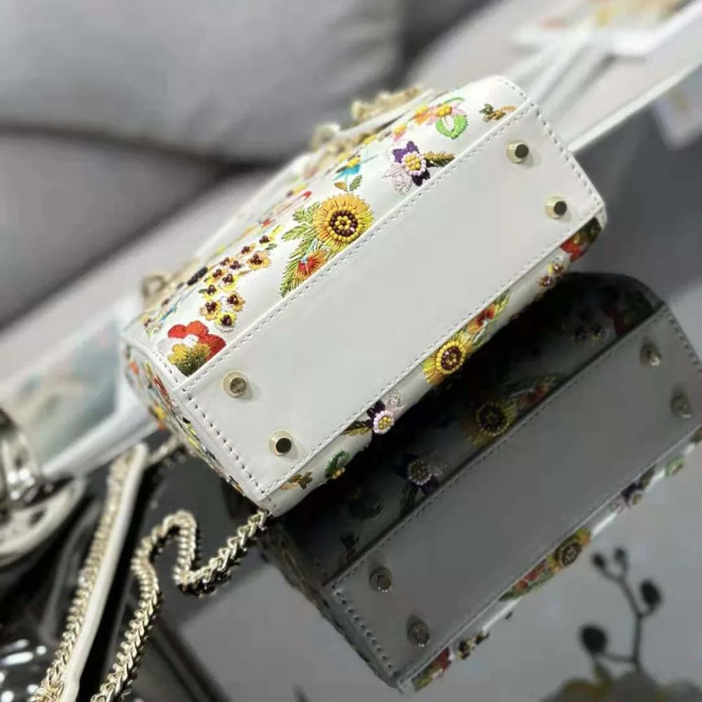 Dior Mini Lady Dior Bag Latte Calfskin Embroidered with Multicolor Small Flowers for Women
