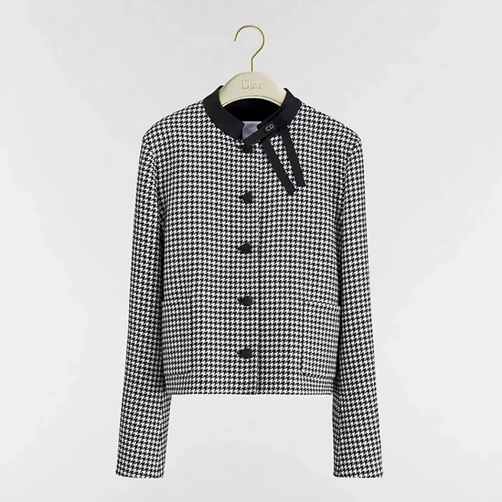 Dior Cropped Jacket Black and White Houndstooth Virgin Wool Blend for Women