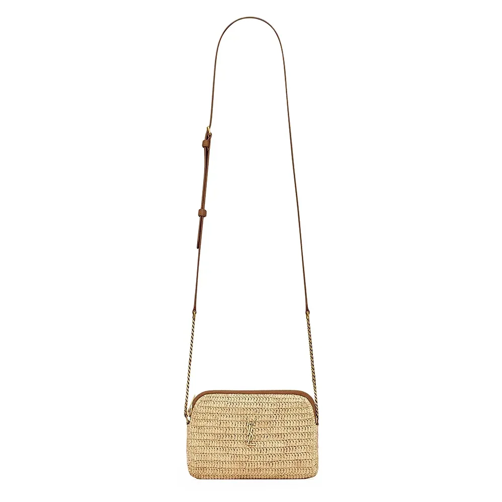 Saint Laurent YSL Gaby Zipped Pouch in Raffia and Vegetable for Women in tanned Leather Saint Laurent YSL Gaby Zipped Pouch in Raffia and Vegetable for Women in tanned Leather