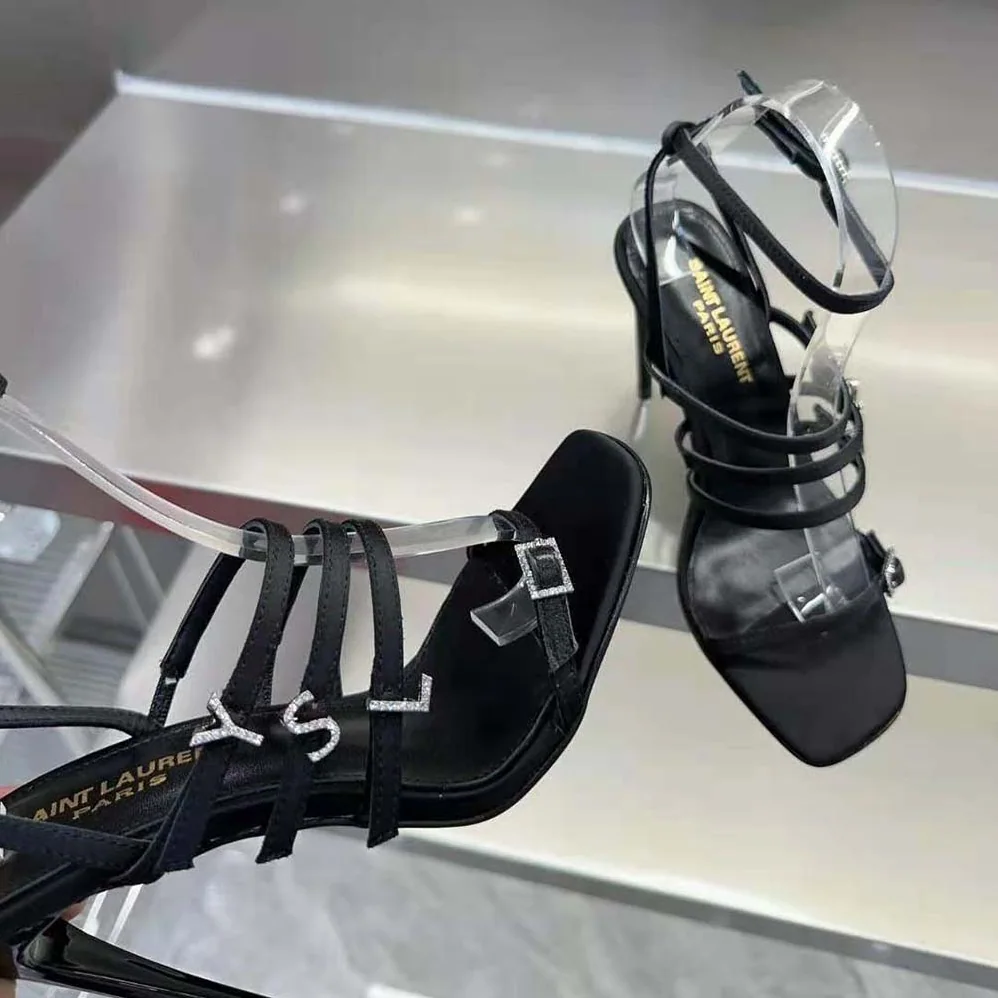 Saint Laurent YSL Jerry Sandals in Crepe Satin and Rhinestones for Women Saint Laurent YSL Jerry Sandals in Crepe Satin and Rhinestones for Women