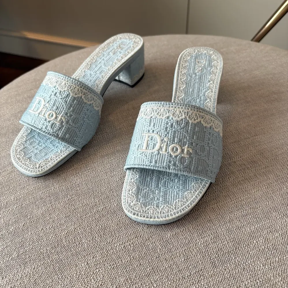 Dior Dentelle Heeled Slide Sky Blue Dior Oblique Embroidered Cotton and White Lace for Women Dior Dentelle Heeled Slide Sky Blue Dior Oblique Embroidered Cotton and White Lace for Women