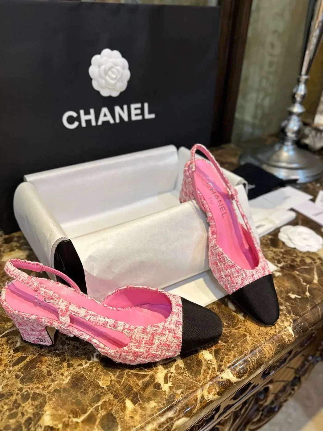 Chanel Woolen High Heel Slingback Sandals Pink Chanel Woolen High Heel Slingback Sandals Pink