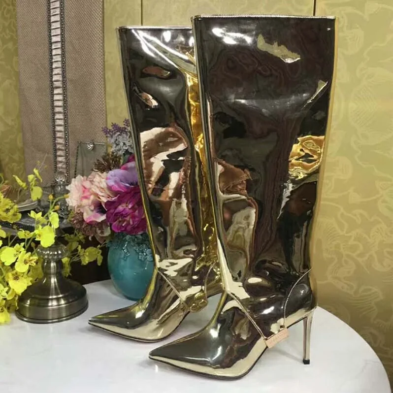 Jimmy Choo Shoes Hurley 100 Gold Liquid Mirror Leather Two for Women in Piece Knee High Booties Jimmy Choo Shoes Hurley 100 Gold Liquid Mirror Leather Two for Women in Piece Knee High Booties