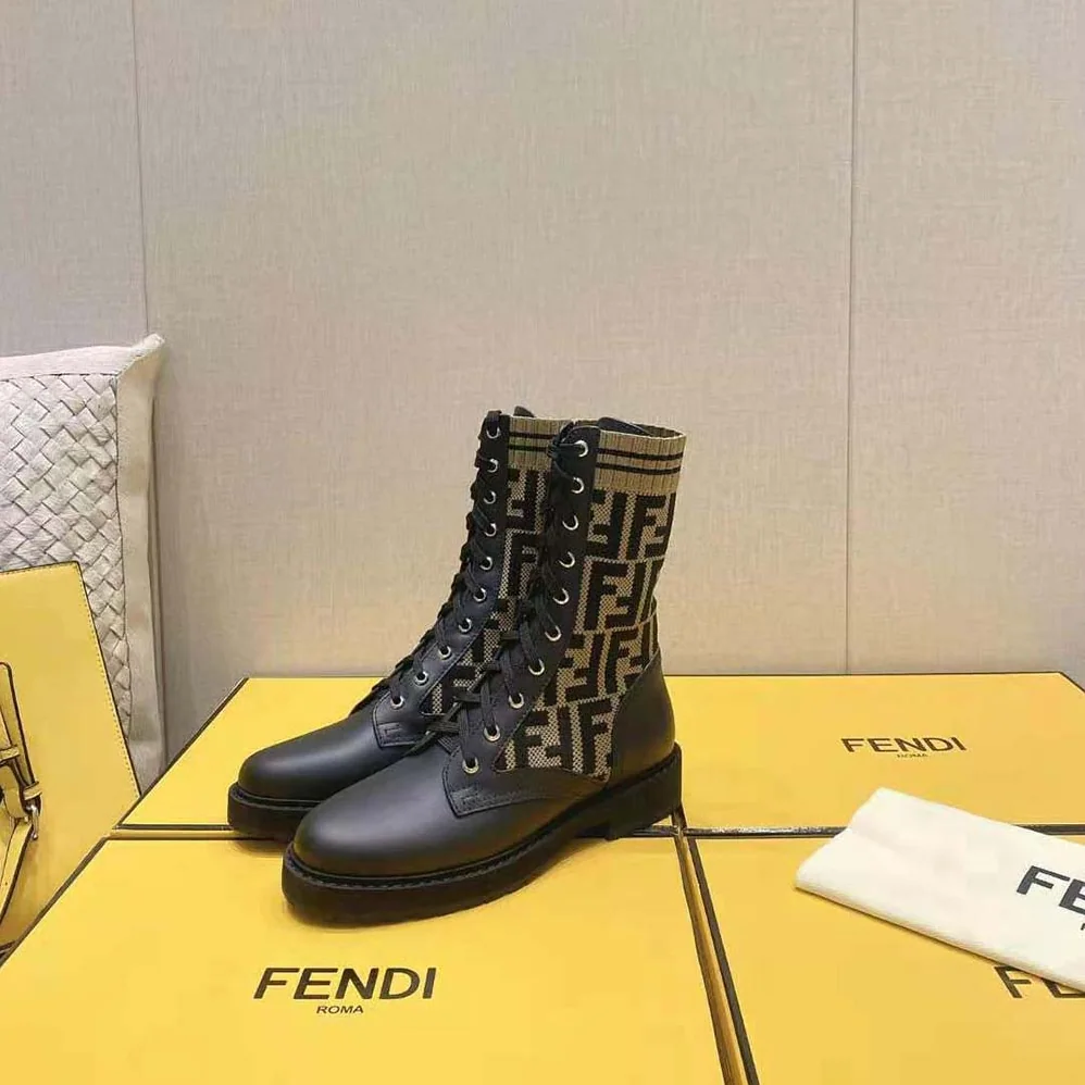 Fendi Rockoko Black/Brown Leather Biker Boots with Stretch Fabric for Women