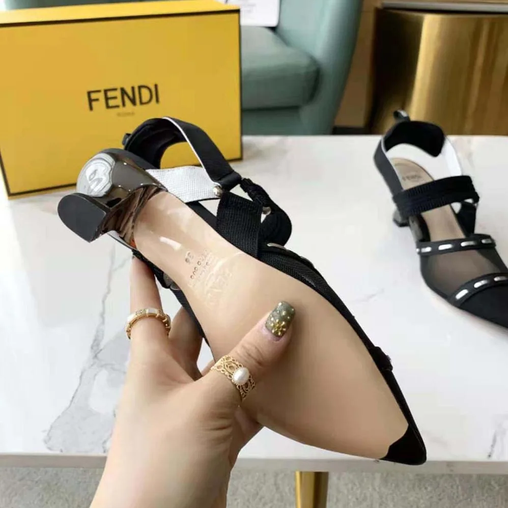 Fendi Colibri Black Mesh Medium-Heel Slingbacks with Metal Stitches for Women