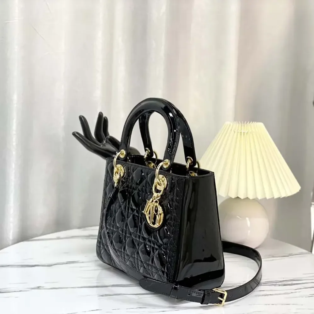 Dior Medium Lady Dior Bag Black Patent Cannage Calfskin for Women
