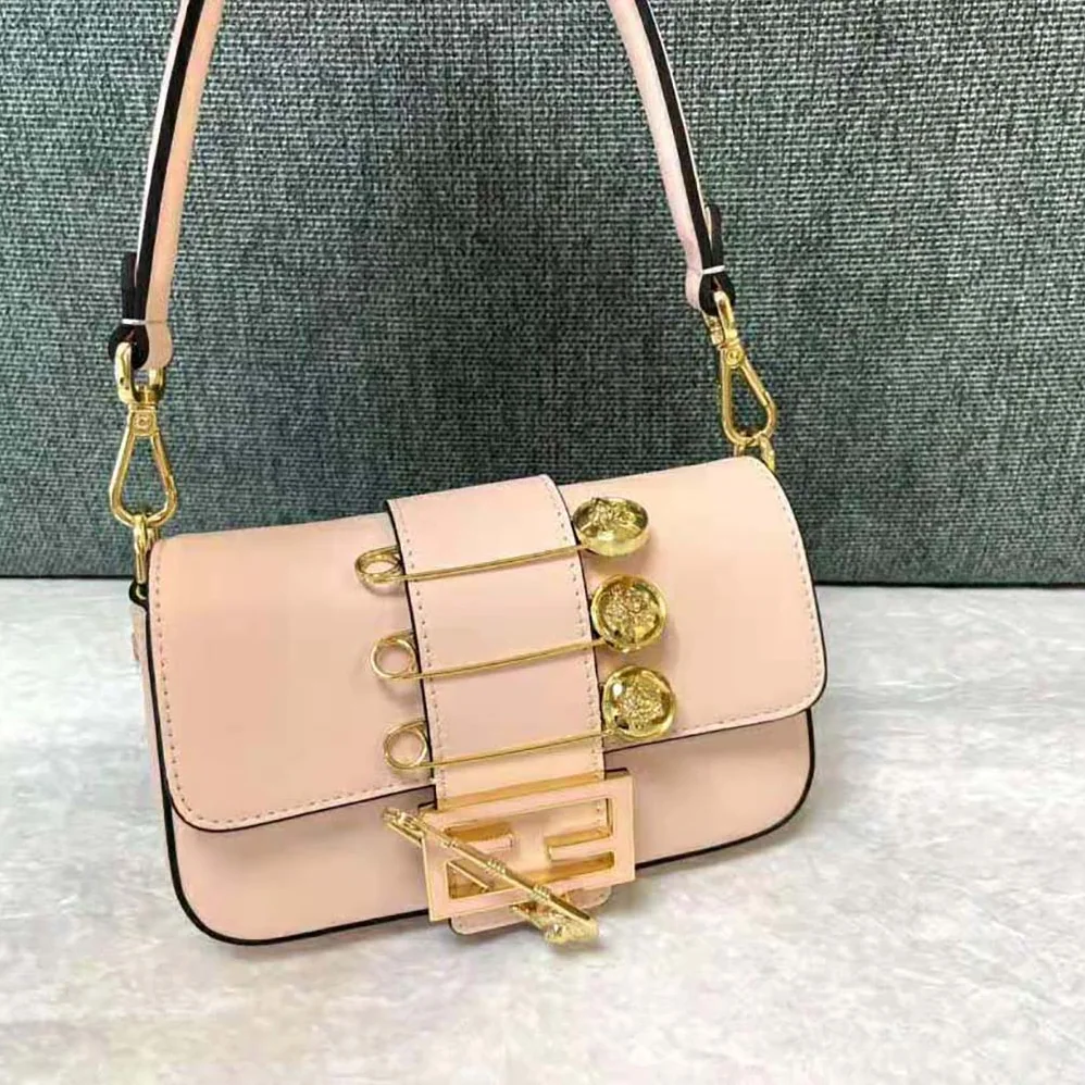 Fendi Brooch Mini Baguette Fendace Pink Leather Bag for Women Fendi Brooch Mini Baguette Fendace Pink Leather Bag for Women