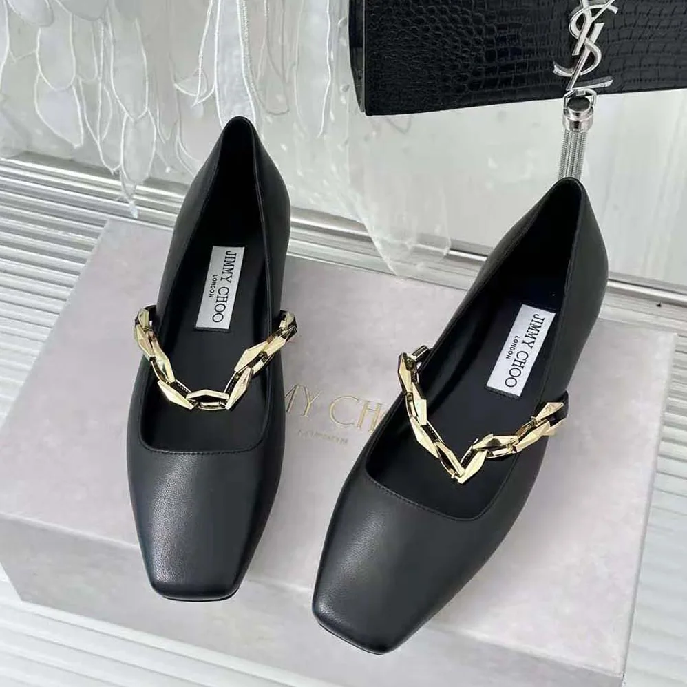Jimmy Choo Diamond Tilda Flat Black Nappa Leather Flats with Chain for Women in Black Jimmy Choo Diamond Tilda Flat Black Nappa Leather Flats with Chain for Women in Black