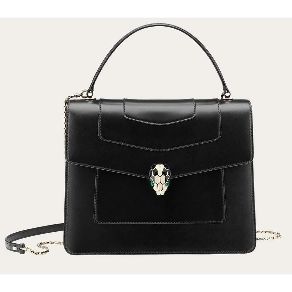 Bvlgari Serpenti Forever Medium Flap Cover Handle Bag Calfskin in Black