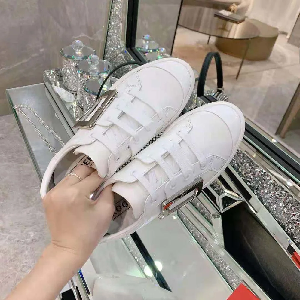 Roger Vivier Viv Skate Metal Buckle Sneakers in Soft Leather for Women in White