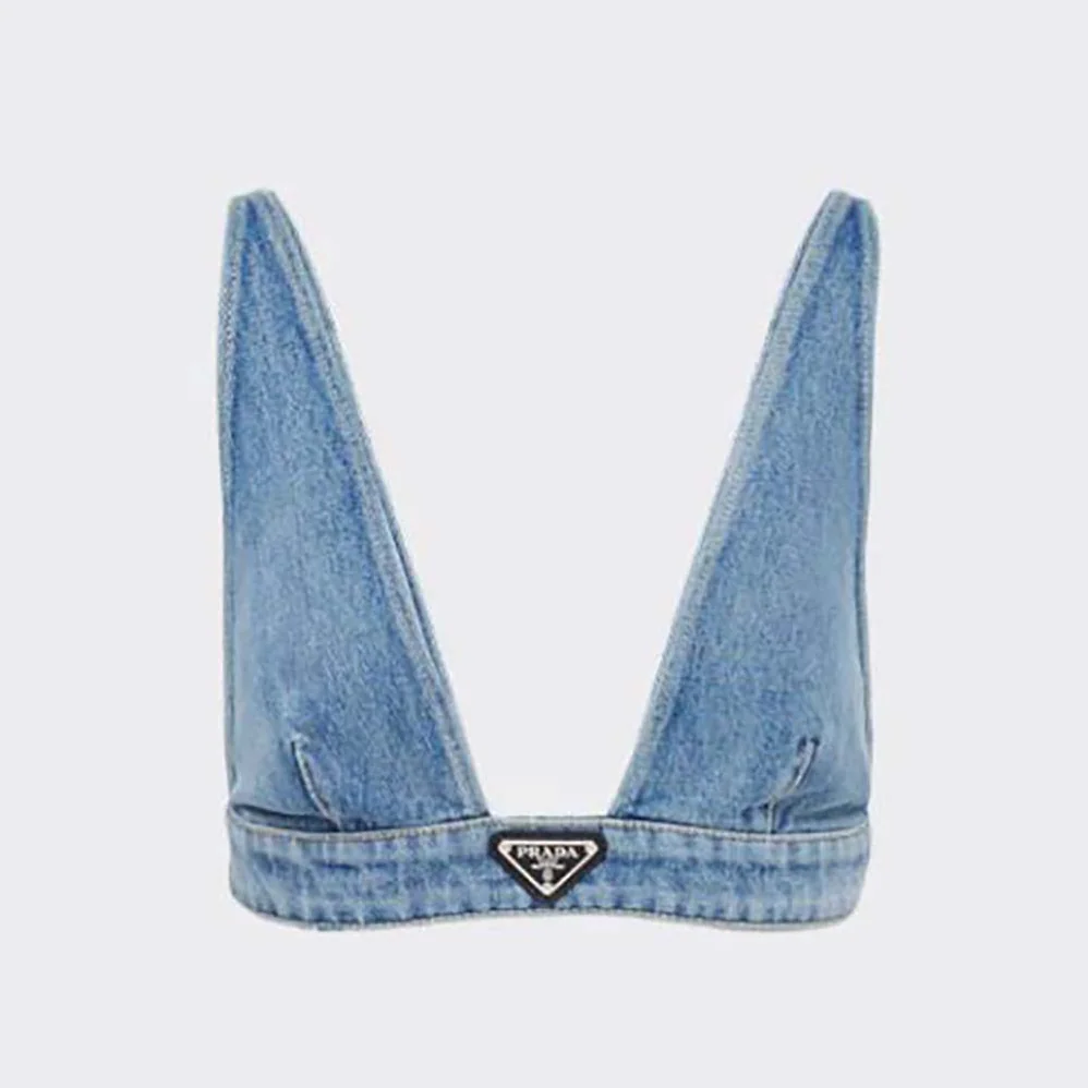 Prada Organic Denim Top with Plunging V Neck is Made of Washed Organic Denim for Women in Blue