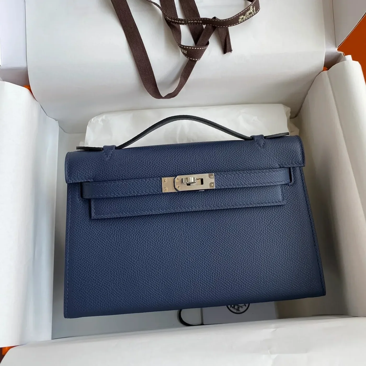 Hermes Kelly Pochette Top Handle Bag in Navy Epsom Palladium Hardware