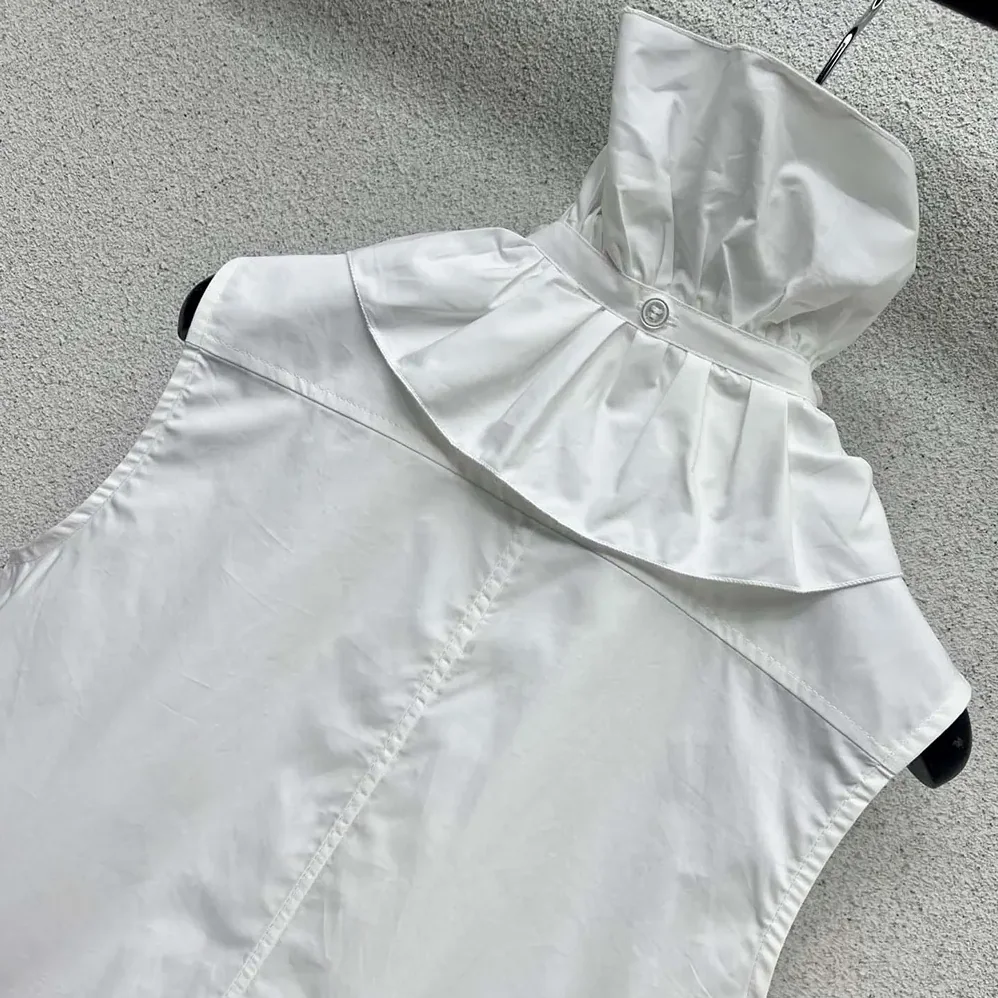 Dior Sleeveless Blouse with Removable Ruched Collar White Cotton Poplin for Women