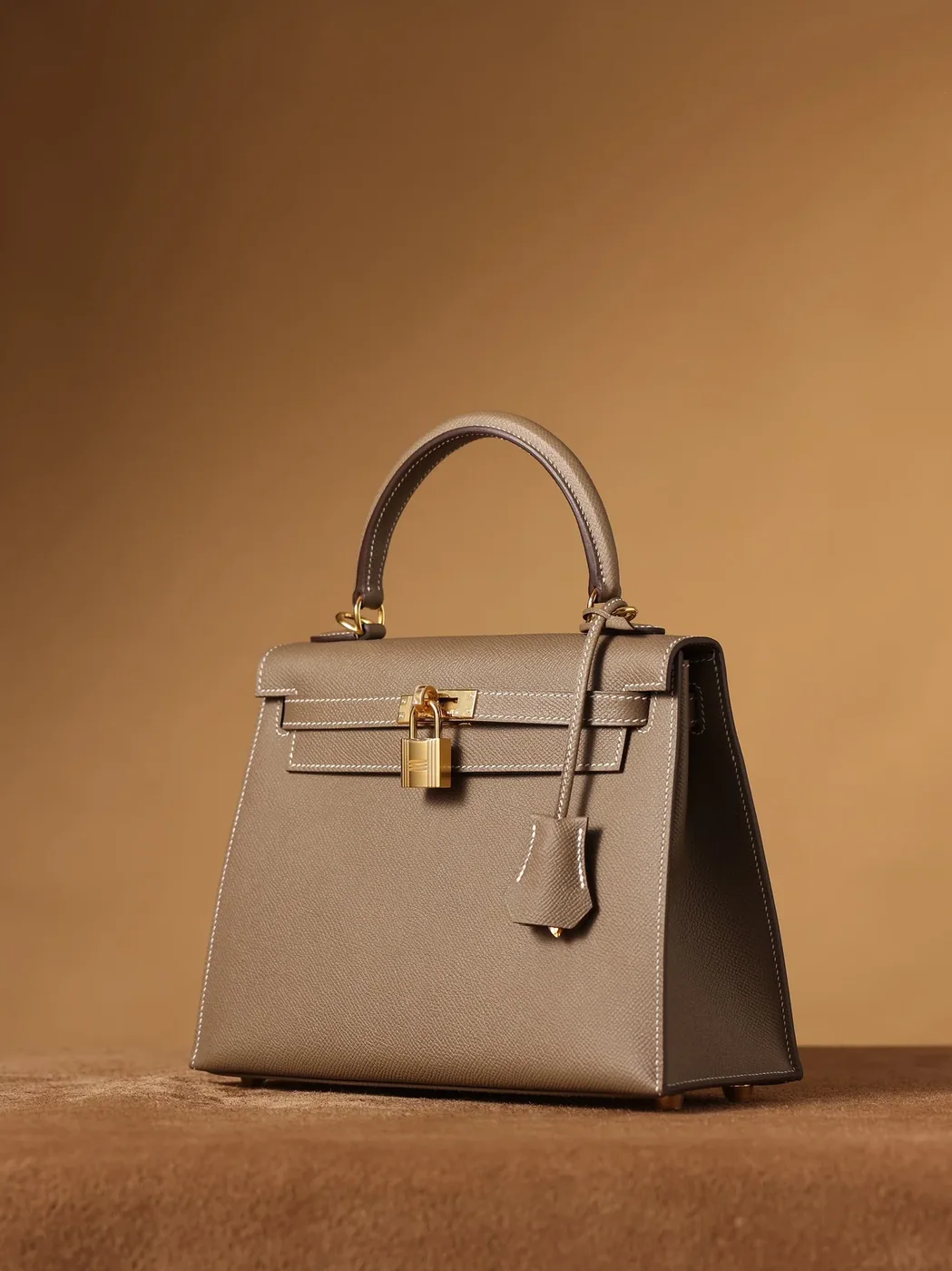 Hermes Kelly Epsom Gold Tone Lock Bag Grey 9,/