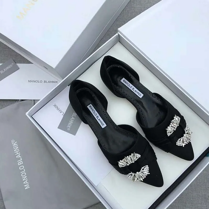 Manolo Blahnik Shoes Luanda Satin Crystal Embsllished D'Orsay Flats 10mm Heel for Women in Black Manolo Blahnik Shoes Luanda Satin Crystal Embsllished D'Orsay Flats 10mm Heel for Women in Black