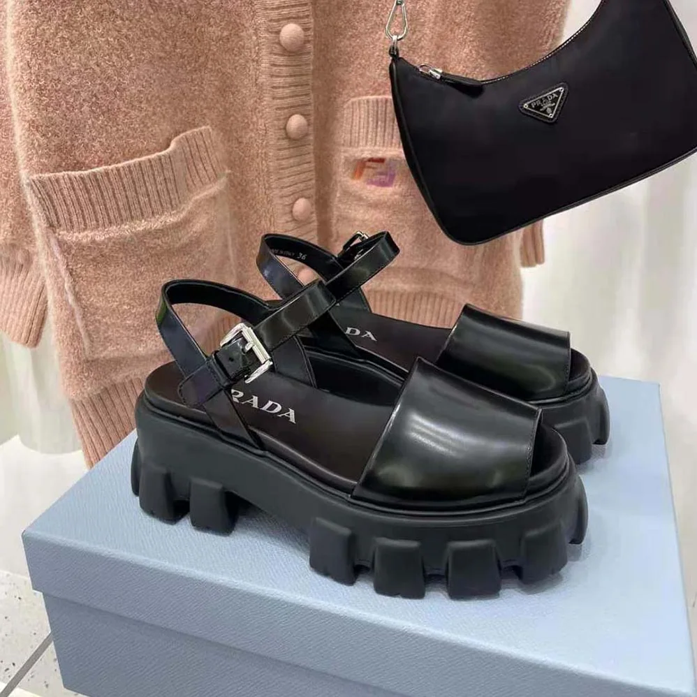 Prada Monolith Brushed Leather Sandals in 55mm Heel for Women in Black