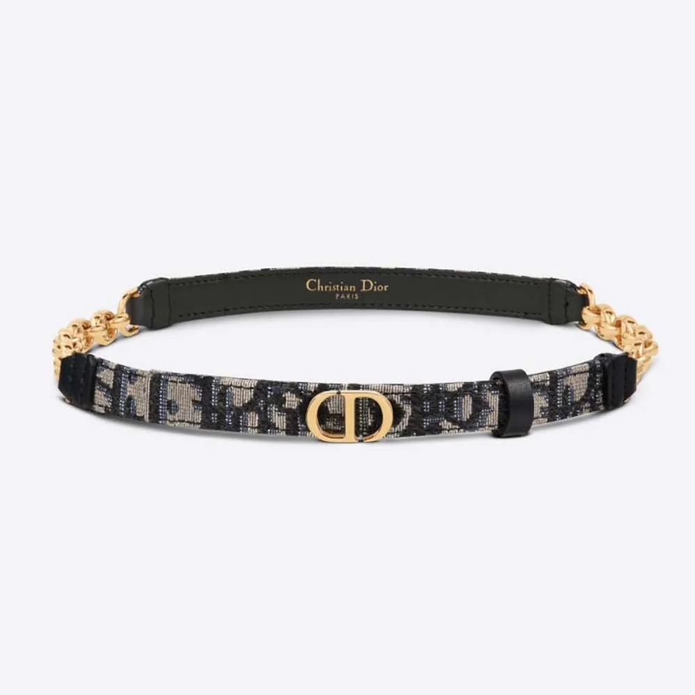 Dior Caro Belt Blue Dior Oblique Jacquard with Shiny Gold-Finish Metal 15 MM for Women