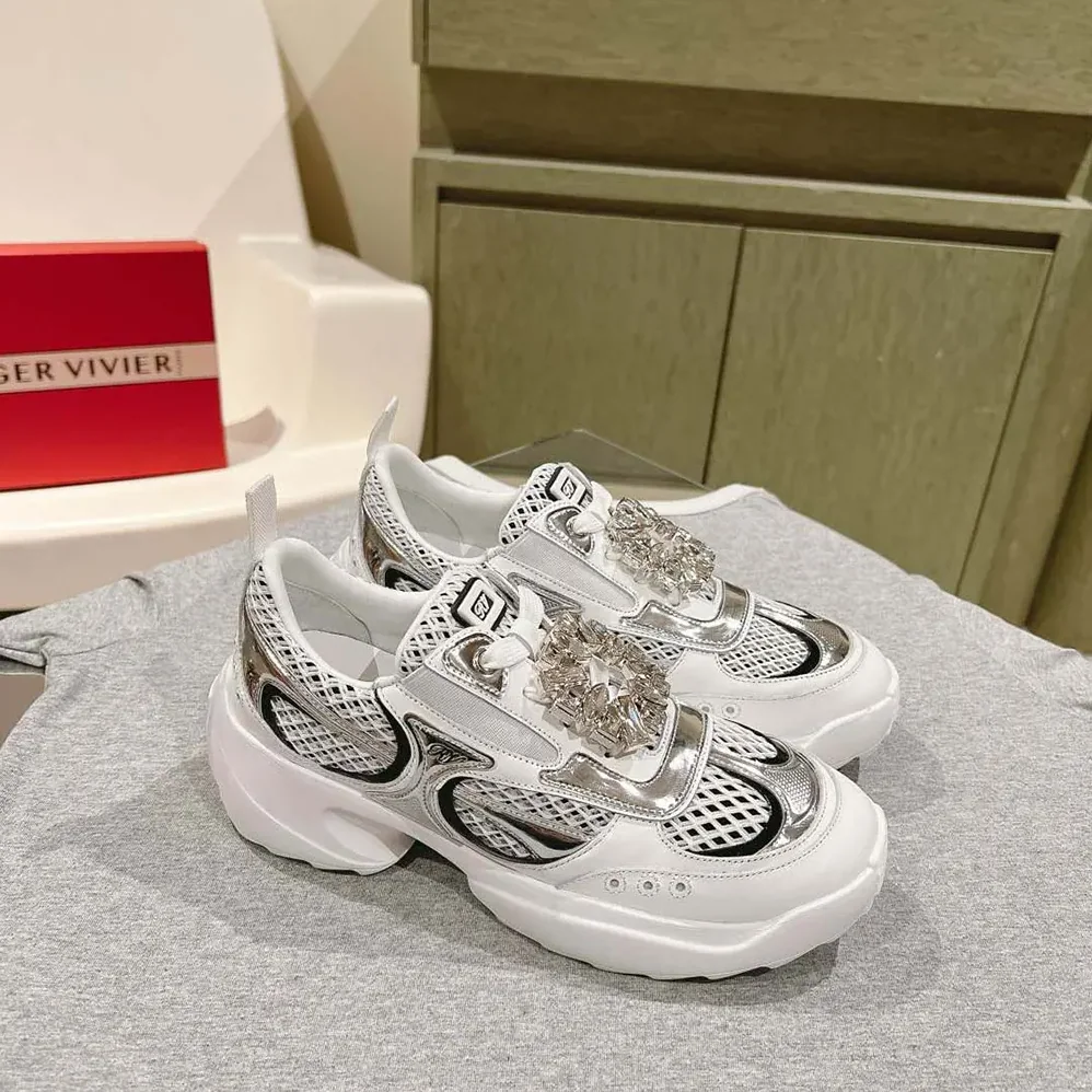 Roger Vivier Viv' on the Run Sneakers in Leather and Fabric for Women in White Roger Vivier Viv' on the Run Sneakers in Leather and Fabric for Women in White