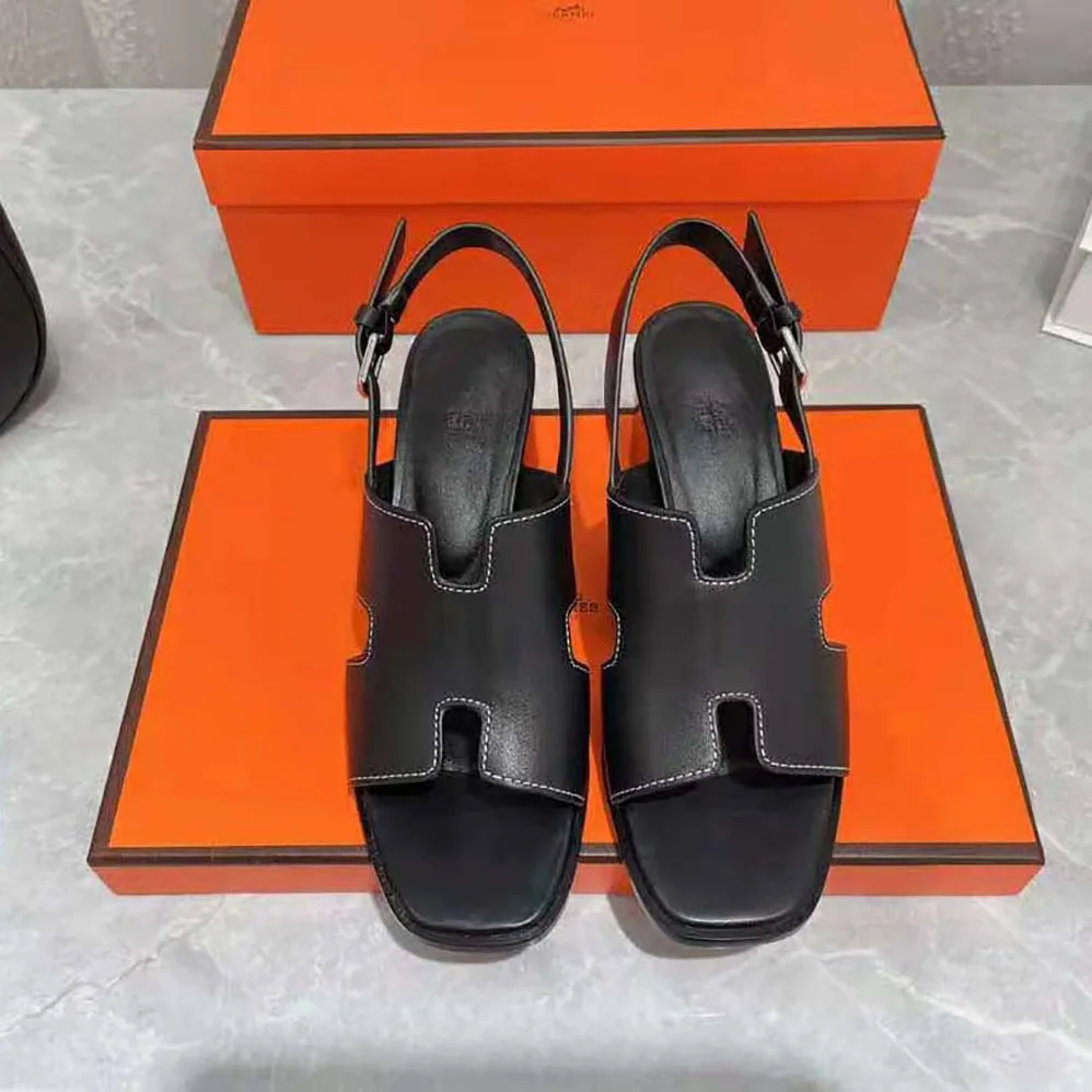 Hermes Elbe 60 Sandal in Calfskin with H Cut-Out Detail for Women in Black Hermes Elbe 60 Sandal in Calfskin with H Cut-Out Detail for Women in Black