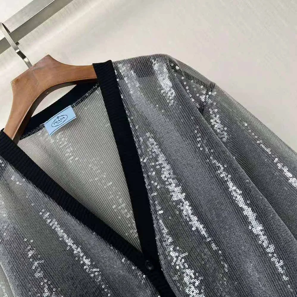 Prada Sequin-Embroidered Tulle Cardigan for Women in Black