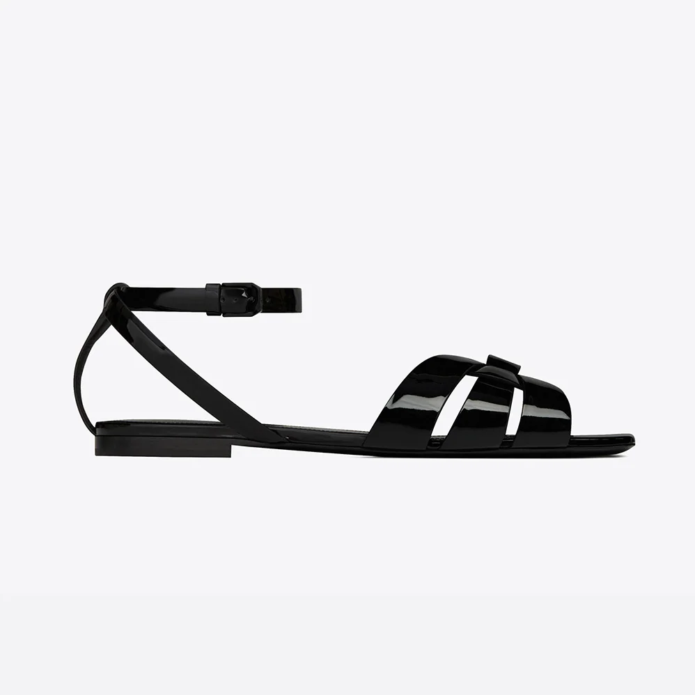 Saint Laurent YSL Tribute Flat Sandals in Patent Leather for Women Saint Laurent YSL Tribute Flat Sandals in Patent Leather for Women