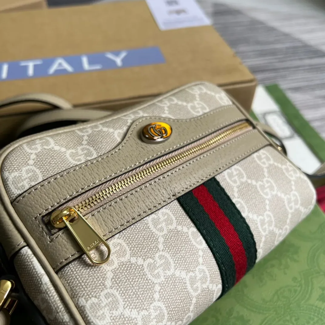 Gucci Ophidia Mini GG Bag Beige And Ebony GG Supreme Canvas, With Beige / Gucci Ophidia Mini GG Bag Beige And Ebony GG Supreme Canvas, With Beige /
