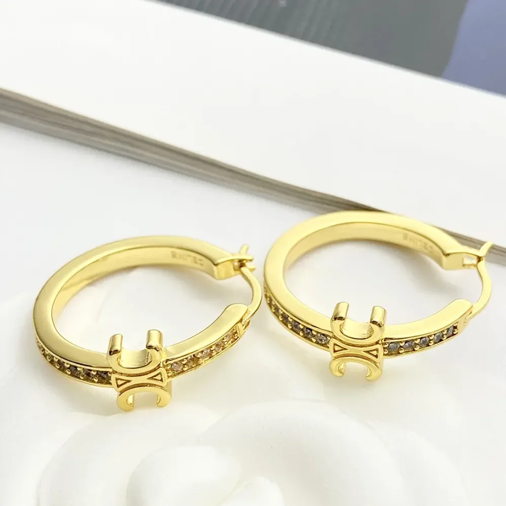 Celine Triomphe Sparkle Hoops in Strass and Brass with Gold Finish for Women