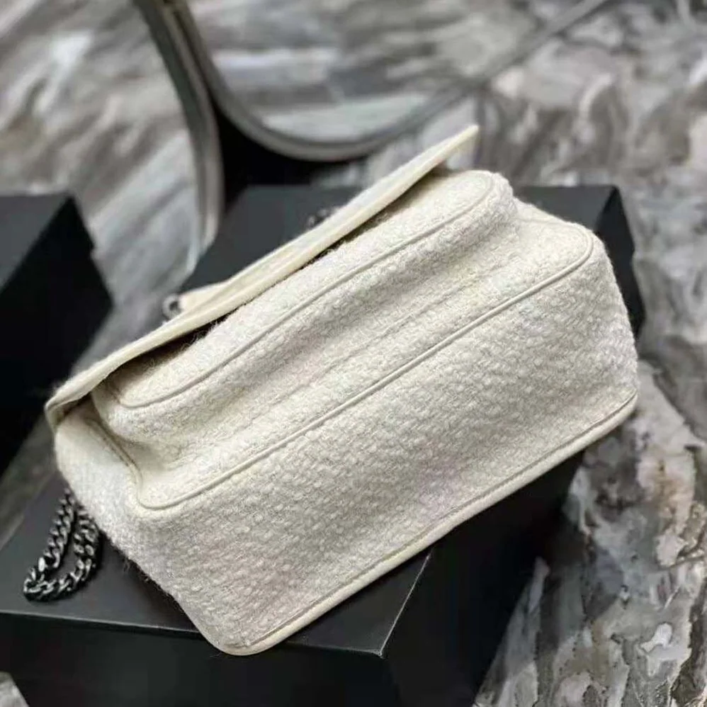 Saint Laurent YSL Niki Medium in Boucle Tweed and Smooth Leather for Women in White