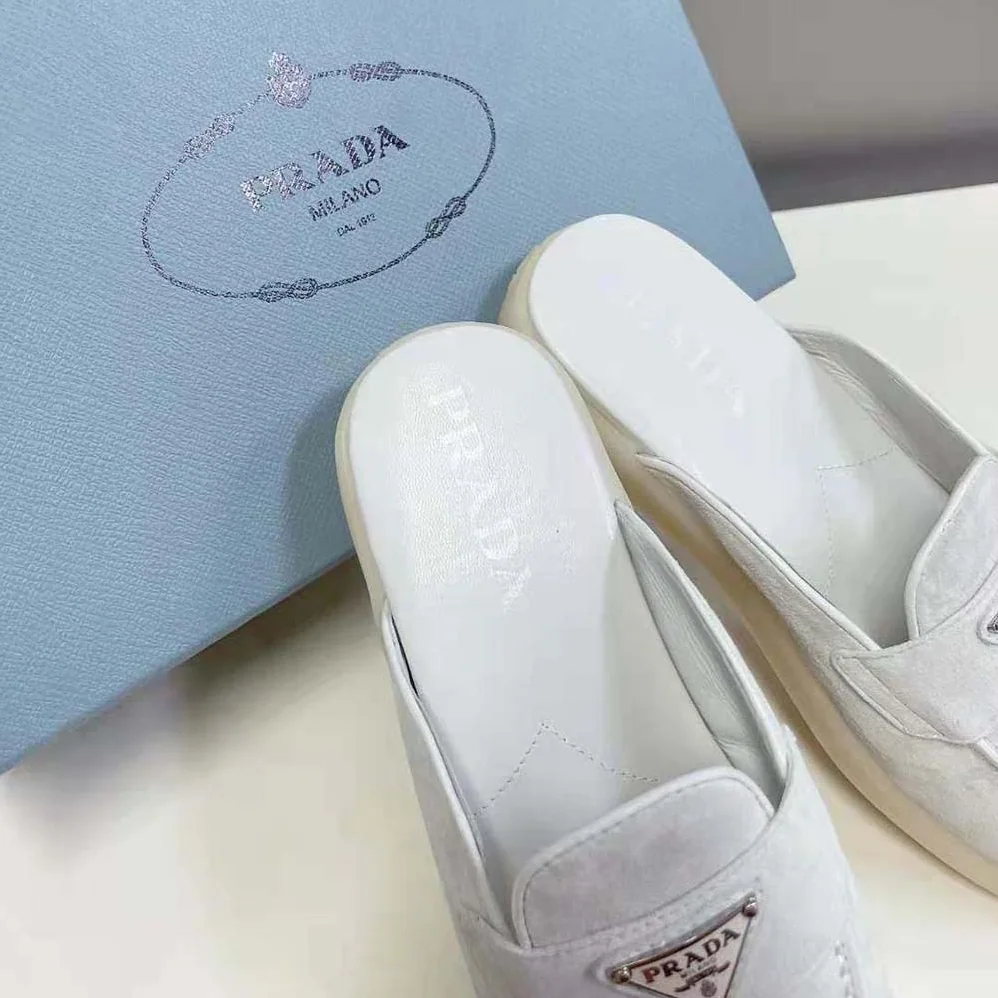 Prada Suede Leather Sabots with Enameled Metal Triangle Logo for Unisex in White