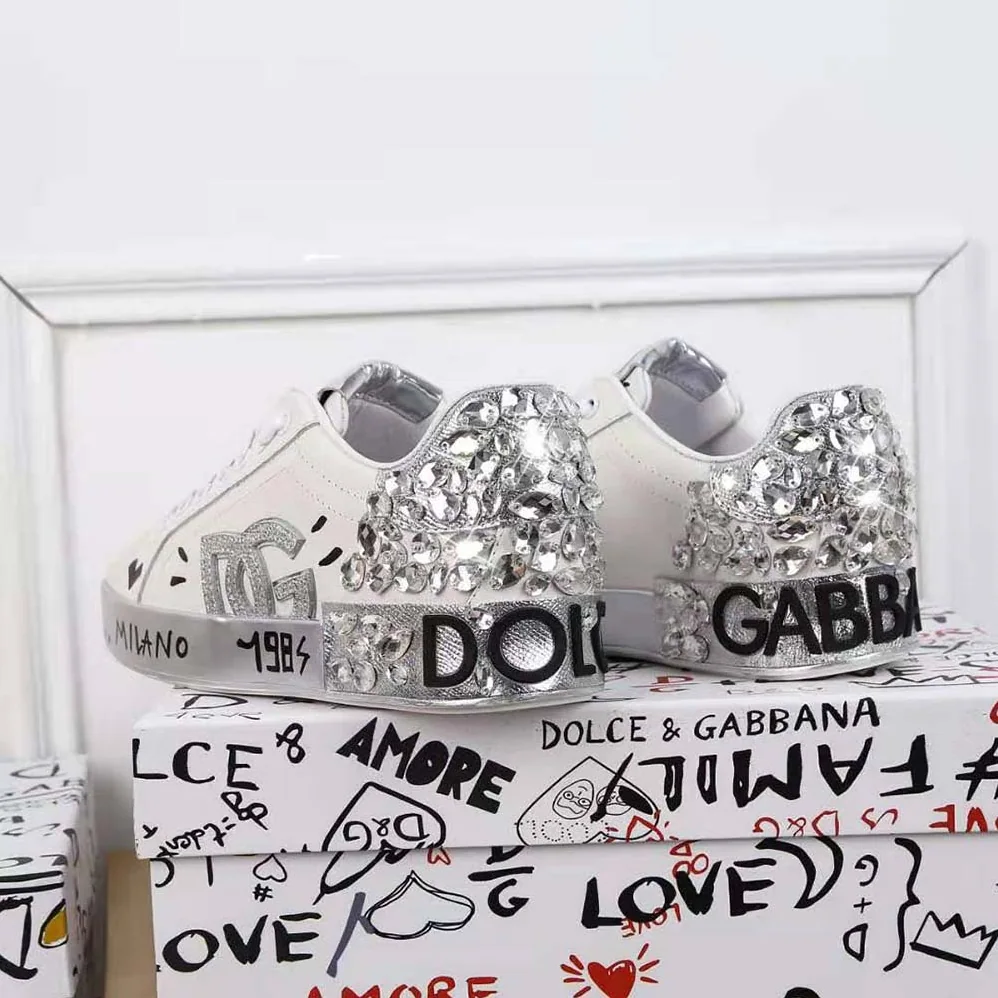 Dolce Gabbana D&G Printed Calfskin Nappa Portofino Sneakers with DG Logo and Embroidery for Men in Silver
