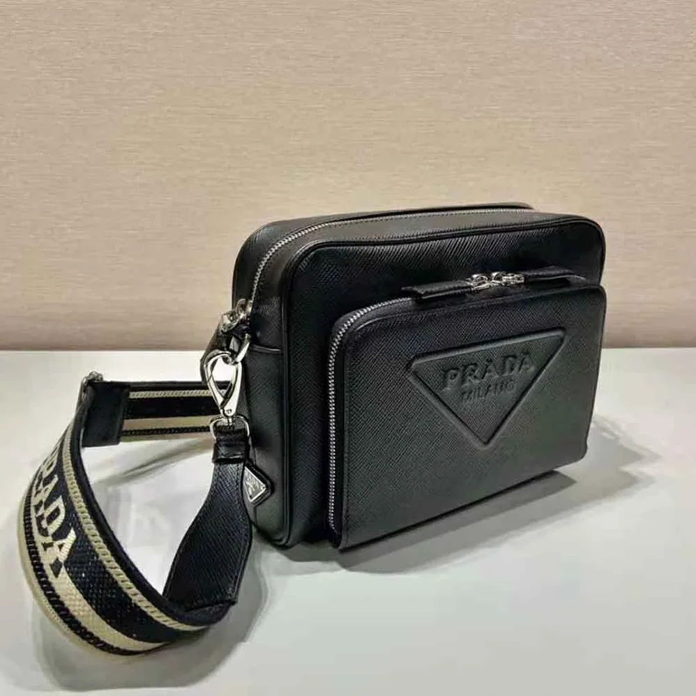 Prada Saffiano Leather Shoulder Bag With Iconic Prada Material for Men in Black