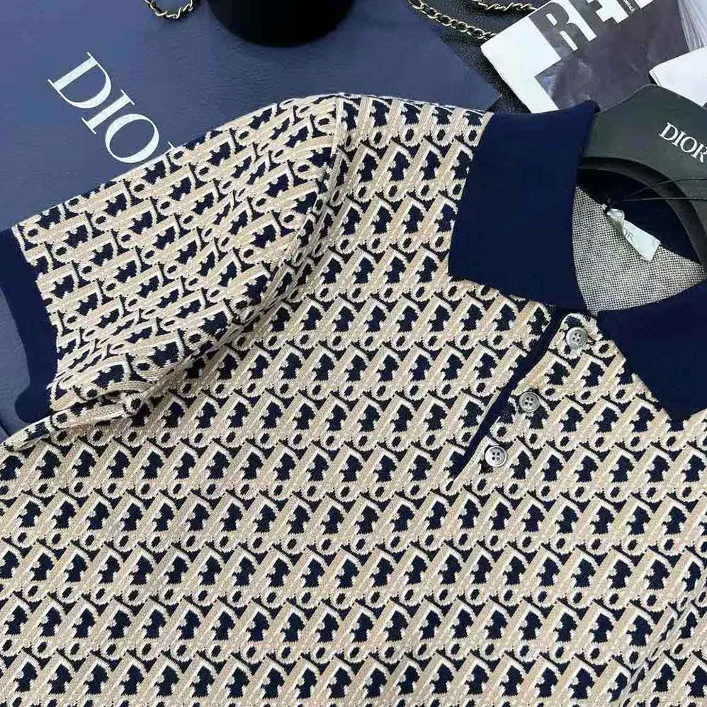 Dior Oblique Polo Shirt Blue Cotton Jacquard for Men