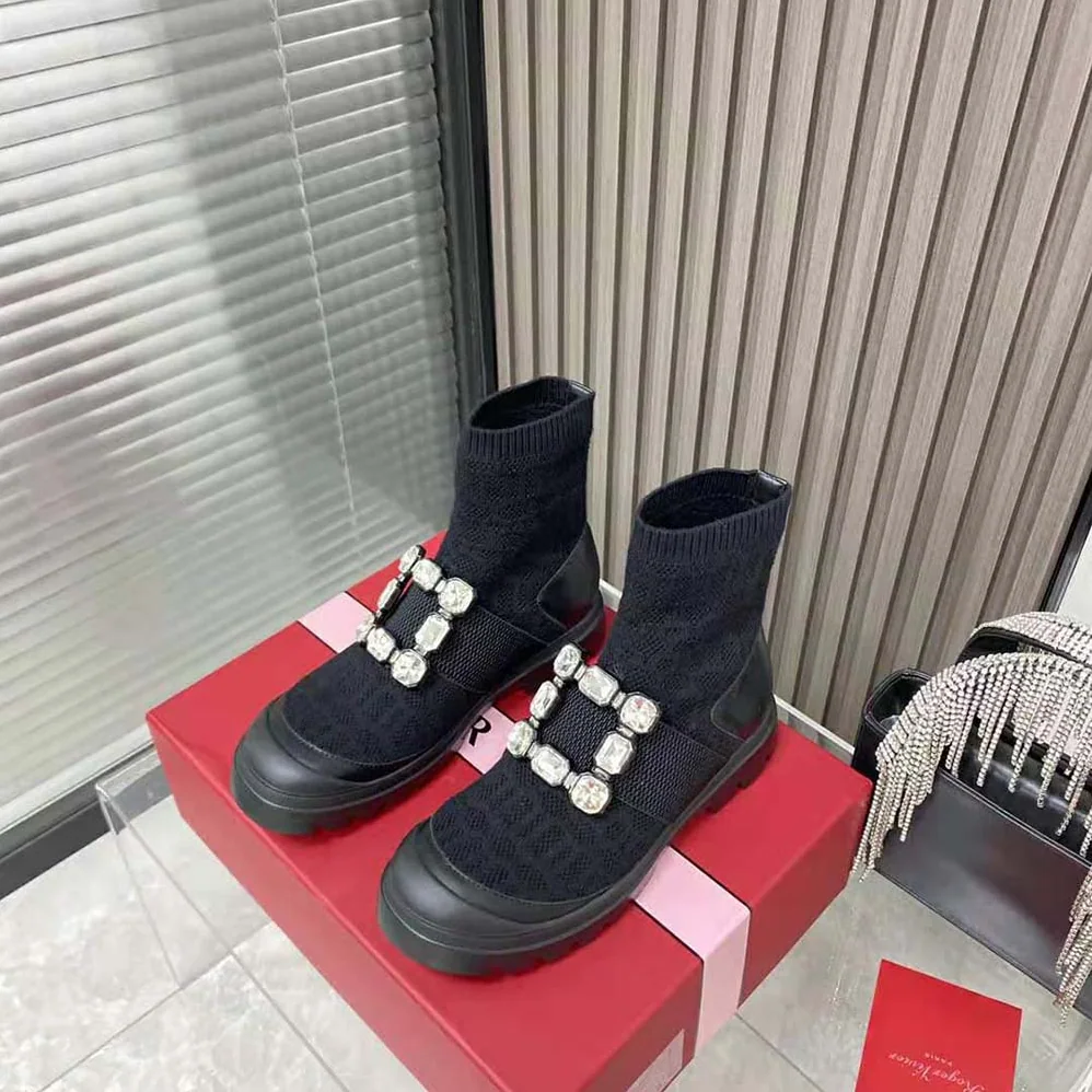 Roger Vivier Walky Viv' Rhinestone Buckle Socks Ankle Boots in Fabric for Women in Black Roger Vivier Walky Viv' Rhinestone Buckle Socks Ankle Boots in Fabric for Women in Black