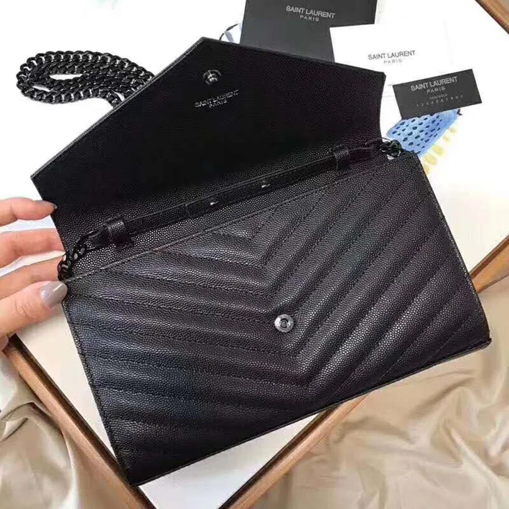 Saint Laurent Monogram Chain Wallet Grain De Poudre Embossed in Black