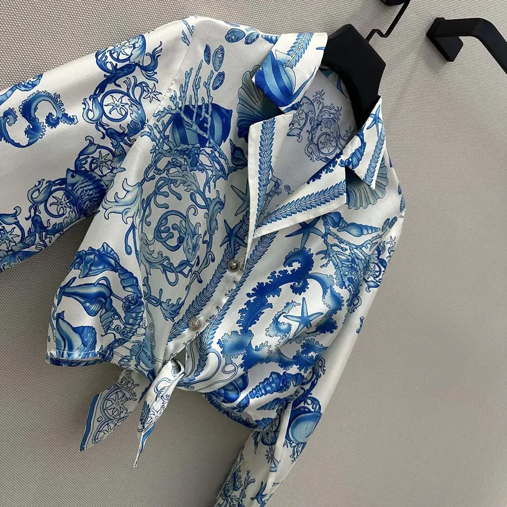 Versace Underwater Barocco Knotted Crop Cotton Shirt for Women