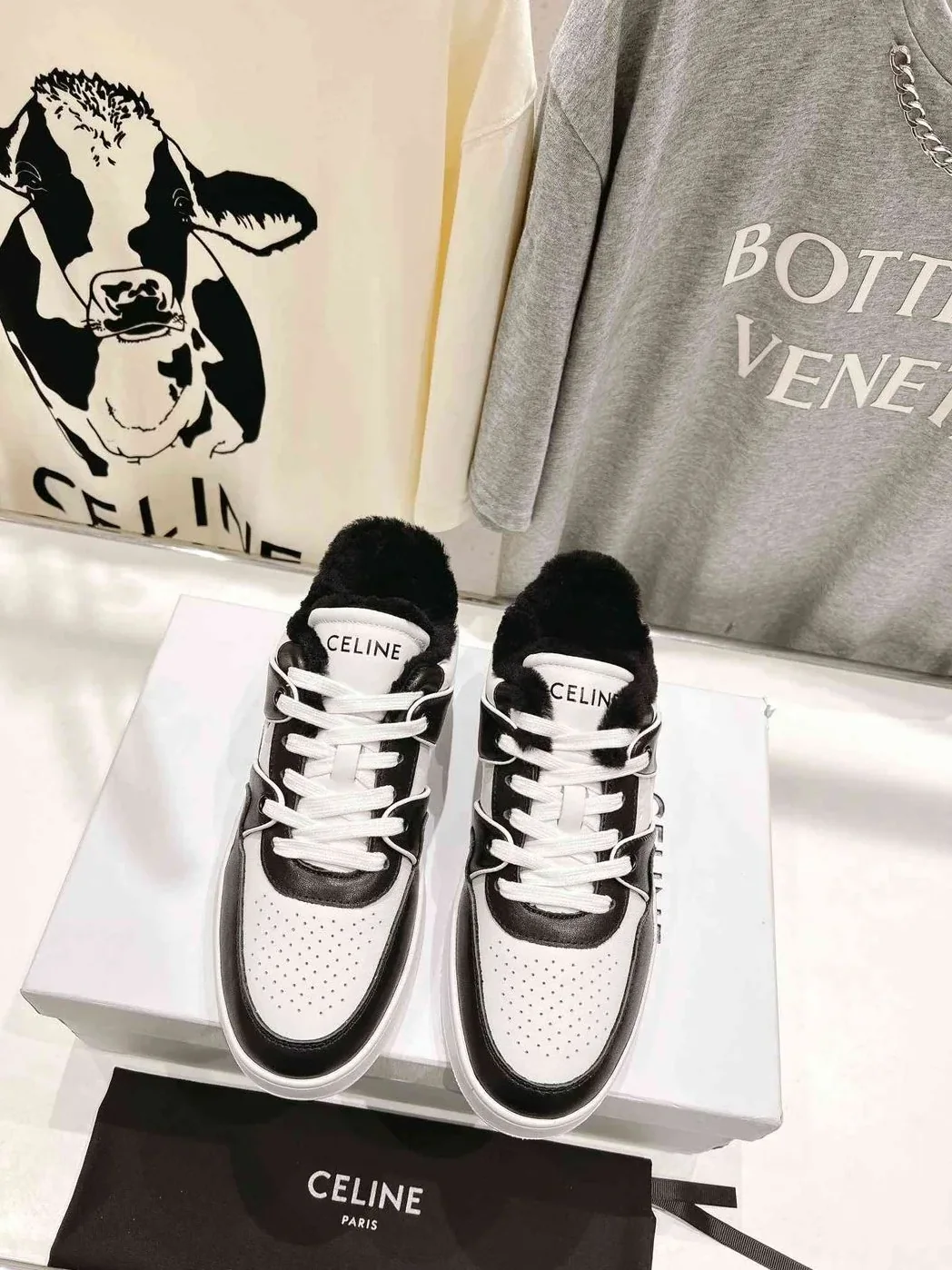 Celine Trainer Low Lace-Up Sneaker With Fur Black