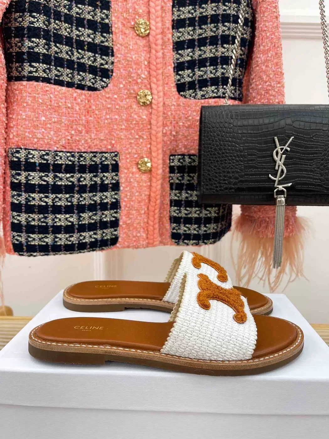 Celine Lympia Flat In Raffia White Celine Lympia Flat In Raffia White