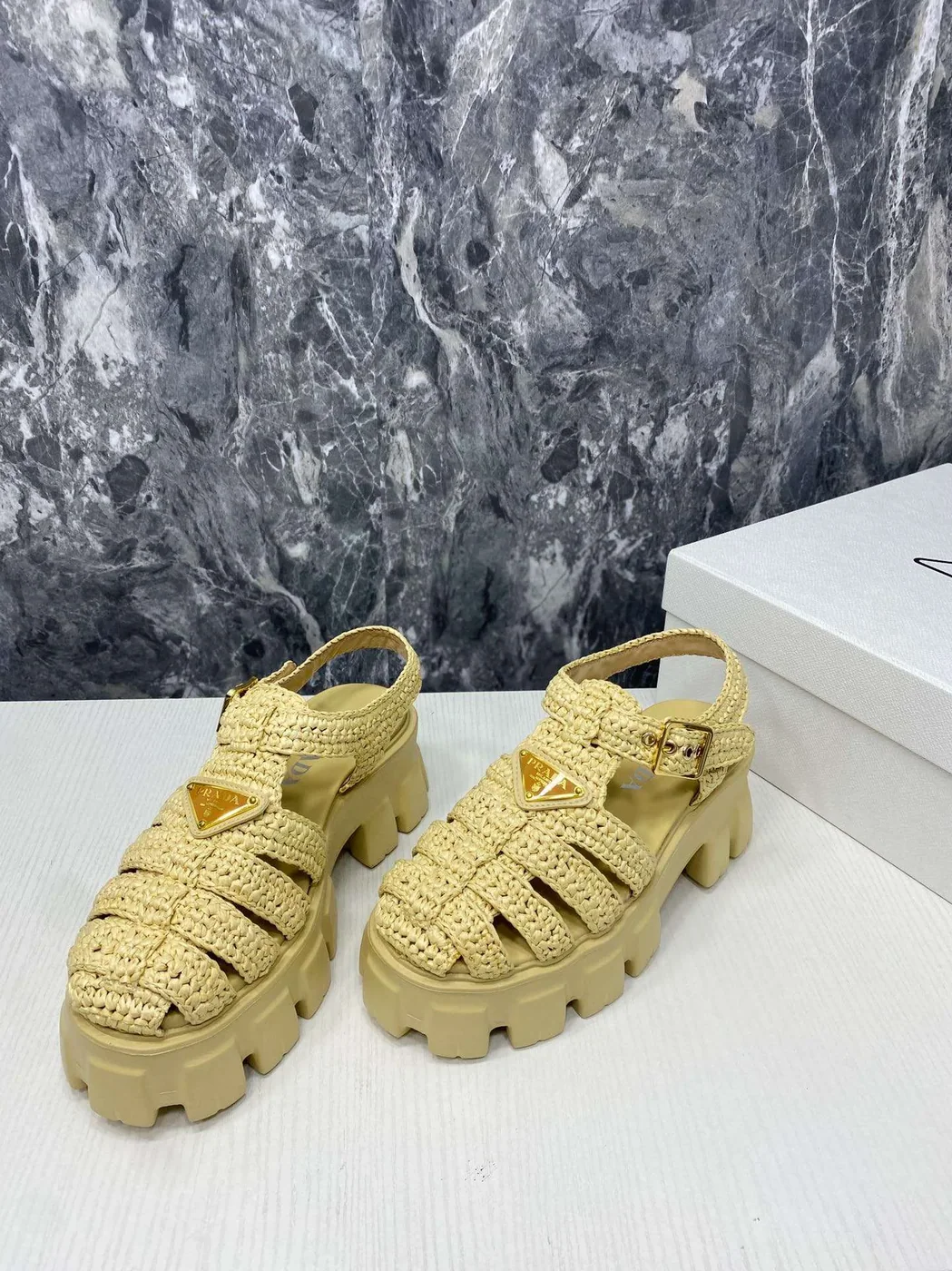 Prada Monolith Crochet Cage Sandals Yellow Prada Monolith Crochet Cage Sandals Yellow
